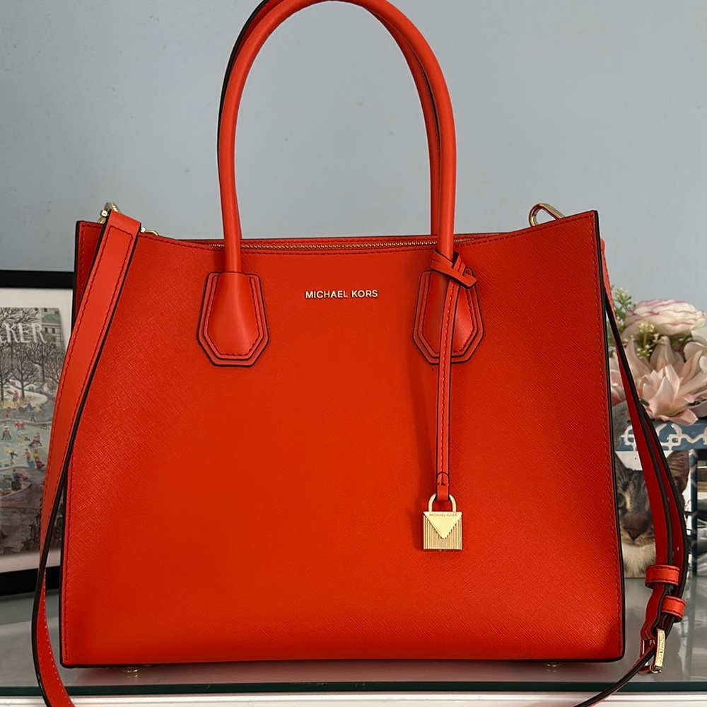 Michael Kors Orange Trapezoid Tote with Gold Hardware